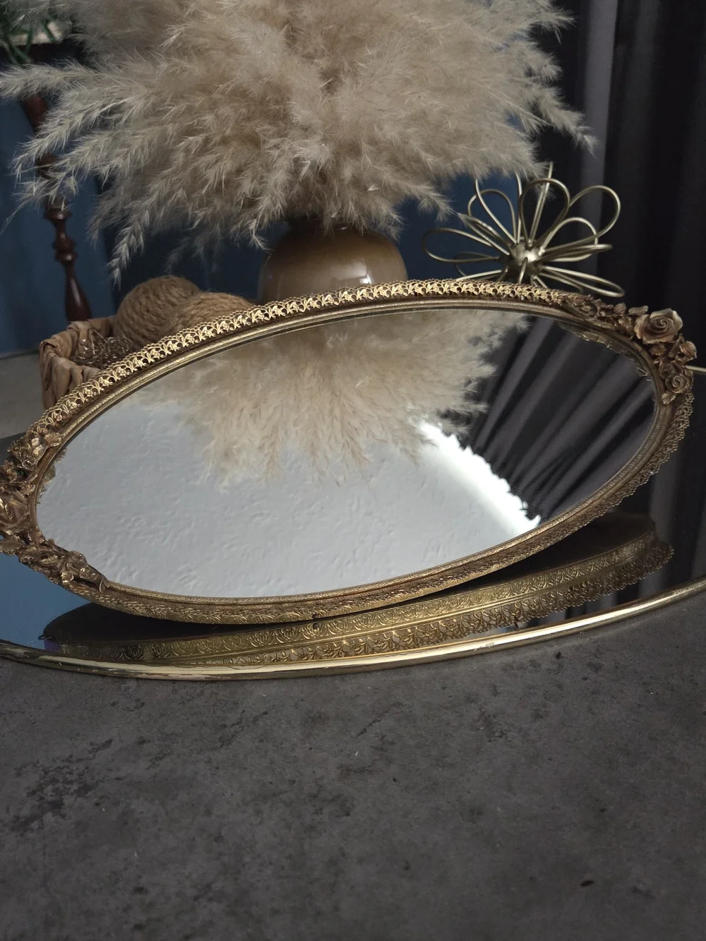 1960s 24 Karat Gold Plated Matson Golden Rose Ormolu Vintage Vanity Mirror Tray